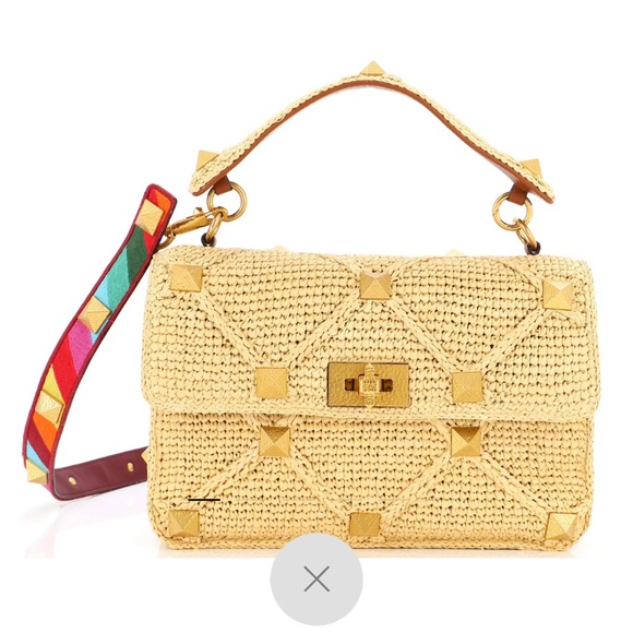 Valentino Raffia Large Roman Stud Shoulder Bag - Picture 5 of 16